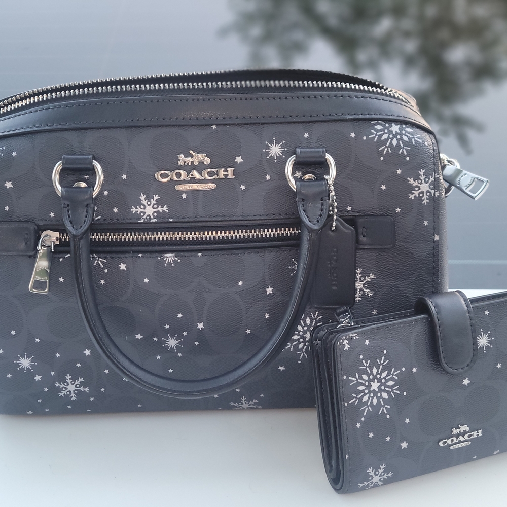 Coach - Rowan Satchel Bag Canvas With Snowflake Print With Matching Wallet Set